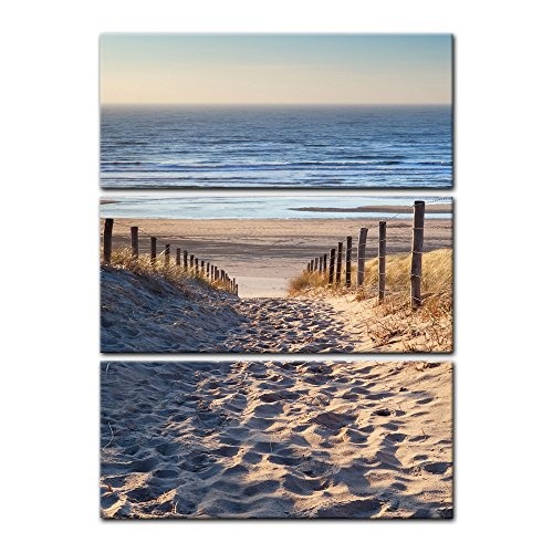 Wandbild - Schöner Weg zum Strand III - Bild auf Leinwand - 90x150 cm dreiteilig - Leinwandbilder - Urlaub, Sonne & Meer - Nordsee - Dünen mit Strandgräsern - Idylle - Erholung