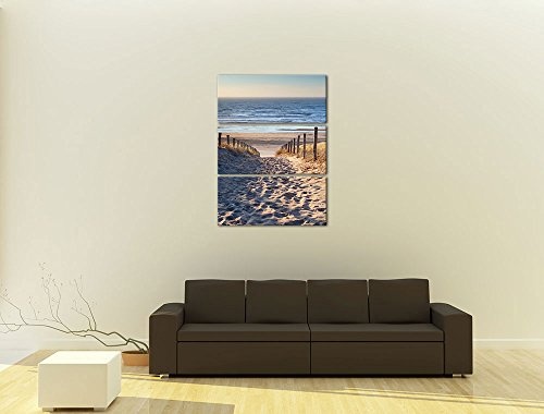 Wandbild - Schöner Weg zum Strand III - Bild auf Leinwand - 90x150 cm dreiteilig - Leinwandbilder - Urlaub, Sonne & Meer - Nordsee - Dünen mit Strandgräsern - Idylle - Erholung