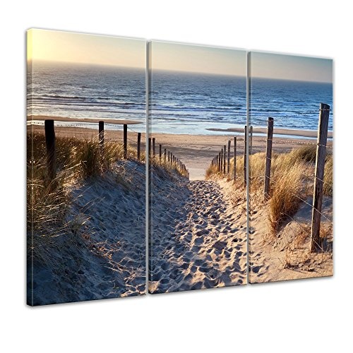 Wandbild - Schöner Weg zum Strand III - Bild auf Leinwand - 150x90 cm dreiteilig - Leinwandbilder - Urlaub, Sonne & Meer - Nordsee - Dünen mit Strandgräsern - Idylle - Erholung
