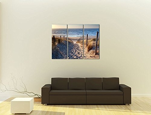 Wandbild - Schöner Weg zum Strand III - Bild auf Leinwand - 150x90 cm dreiteilig - Leinwandbilder - Urlaub, Sonne & Meer - Nordsee - Dünen mit Strandgräsern - Idylle - Erholung