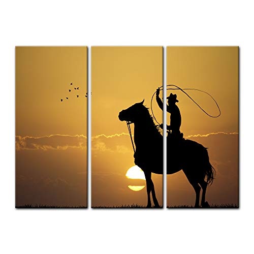 Wandbild - Rodeo Cowboy - Bild auf Leinwand - 90x60 cm dreiteilig - Leinwandbilder - Geist & Seele - Reiter mit Lasso im Sonnenuntergang