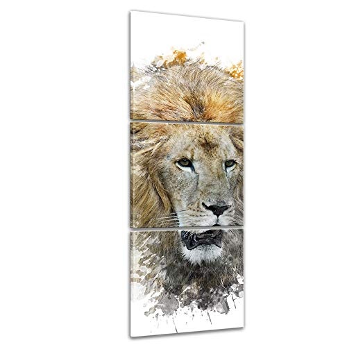Wandbild - Aquarell - Löwe - Bild auf Leinwand 60 x 180 cm dreiteilig - Leinwandbilder - Bilder als Leinwanddruck - Tierwelten - Malerei - Wildtier - Mähne - afrikanische Grosskatze