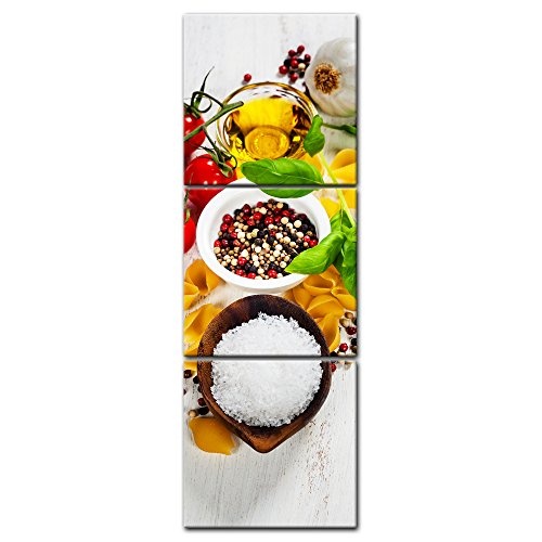 Wandbild - Italienische Pasta III - Bild auf Leinwand - 60x180 cm dreiteilig - Leinwandbilder - Essen & Trinken - Nudeln mit mediterranen Zutaten