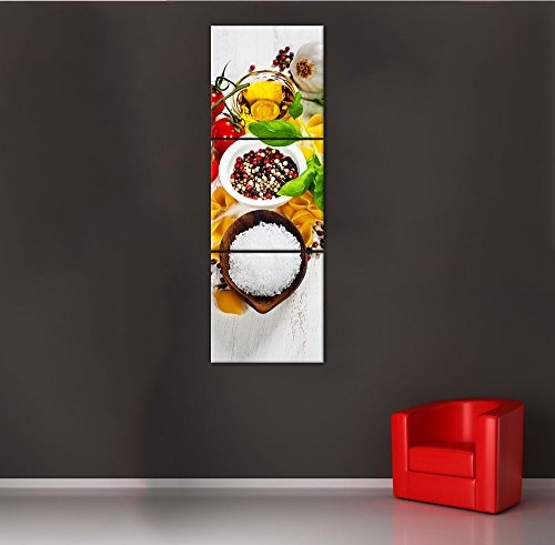Wandbild - Italienische Pasta III - Bild auf Leinwand - 60x180 cm dreiteilig - Leinwandbilder - Essen & Trinken - Nudeln mit mediterranen Zutaten