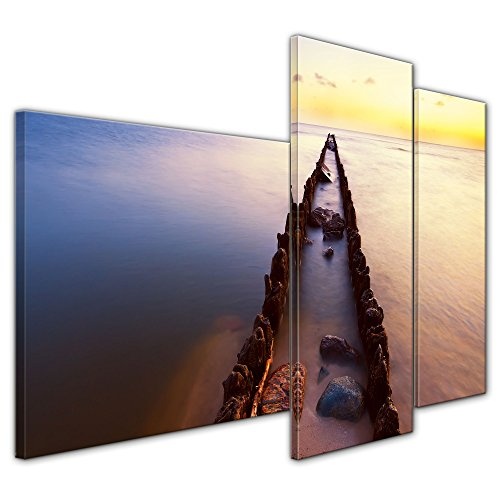 Wandbild - Sonnenuntergang über der Nordsee - Friesland - Bild auf Leinwand - 130x80 cm dreiteilig - Leinwandbilder - Landschaften - Holzbuhne im Meer - Richtung Sonnenaufgang - stimmungsvoll