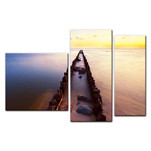 Wandbild - Sonnenuntergang über der Nordsee - Friesland - Bild auf Leinwand - 130x80 cm dreiteilig - Leinwandbilder - Landschaften - Holzbuhne im Meer - Richtung Sonnenaufgang - stimmungsvoll