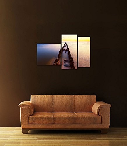 Wandbild - Sonnenuntergang über der Nordsee - Friesland - Bild auf Leinwand - 130x80 cm dreiteilig - Leinwandbilder - Landschaften - Holzbuhne im Meer - Richtung Sonnenaufgang - stimmungsvoll