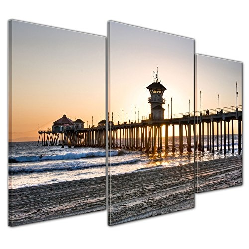 Wandbild - Huntington Beach - Kalifornien - Bild auf Leinwand - 100x60 cm dreiteilig - Leinwandbilder - Urlaub, Sonne & Meer - Amerika - Sonnenaufgang - Sonnenuntergang