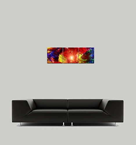 Wandbild - Abstrakte Kunst LIV - Bild auf Leinwand - 90x30 cm dreiteilig - Leinwandbilder - Abstrakt - Knall - Bunte Farbwolken