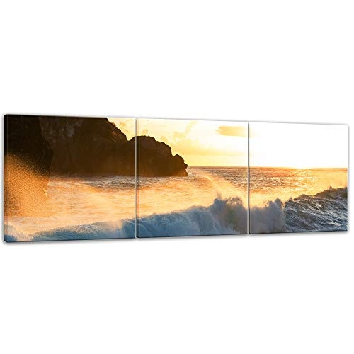 Wandbild - Küste von Madeira - Bild auf Leinwand - 180x60 cm dreiteilig - Leinwandbilder - Landschaften - felsige Küste im Sonnenuntergang - Meeresbrandung