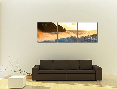 Wandbild - Küste von Madeira - Bild auf Leinwand - 180x60 cm dreiteilig - Leinwandbilder - Landschaften - felsige Küste im Sonnenuntergang - Meeresbrandung