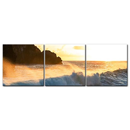 Wandbild - Küste von Madeira - Bild auf Leinwand - 180x60 cm dreiteilig - Leinwandbilder - Landschaften - felsige Küste im Sonnenuntergang - Meeresbrandung