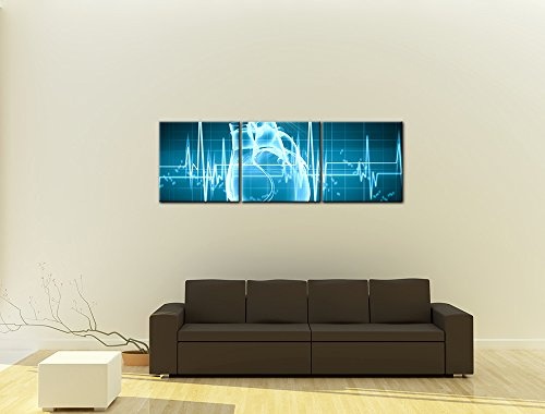 Wandbild - Abstrakte Kunst XXIV - Bild auf Leinwand - 180x60 cm dreiteilig - Leinwandbilder - Abstrakt - futuristisch - Herz blau