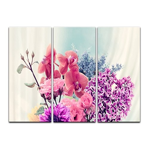 Wandbild - Blumen in Einer Vase - Bild auf Leinwand 90 x 60 cm dreiteilig - Leinwandbilder - Bilder als Leinwanddruck - Pflanzen & Blumen - Malerei - rote und Violette Blumen