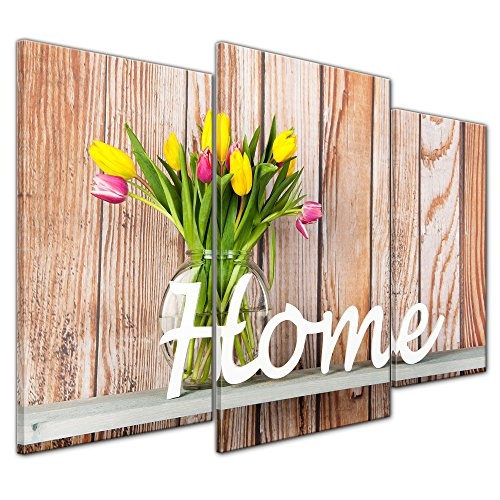 Wandbild - Home Tulpen - Bild auf Leinwand - 100x60 cm dreiteilig - Leinwandbilder - Geist & Seele - Vase mit Tulpen vor Einer Holzwand