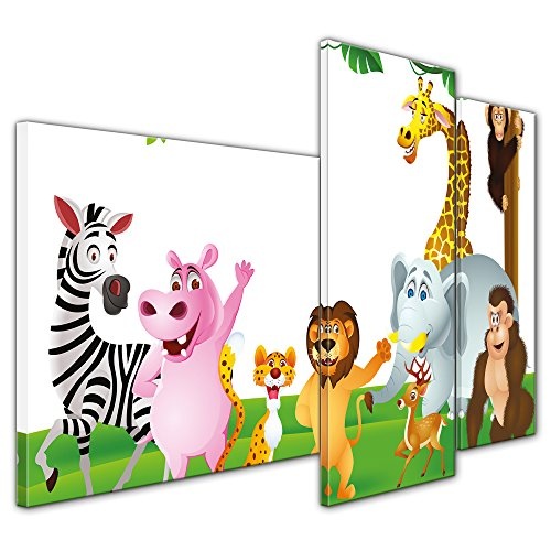 Wandbild - Kinderbild Tiere Cartoon III - Bild auf Leinwand - 130x80 cm dreiteilig - Leinwandbilder - Kinder - freundliche Dschungeltiere