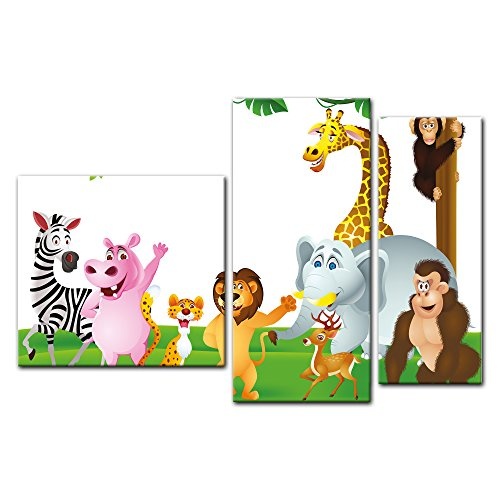 Wandbild - Kinderbild Tiere Cartoon III - Bild auf Leinwand - 130x80 cm dreiteilig - Leinwandbilder - Kinder - freundliche Dschungeltiere