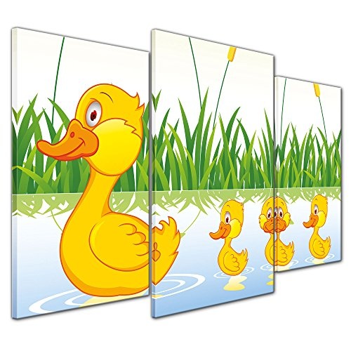 Wandbild - Kinderbild Entenfamilie - Bild auf Leinwand - 100x60 cm dreiteilig - Leinwandbilder - Kinder - Entenjungen im Schutz der Mutter
