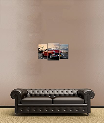 Wandbild - Roter Oldtimer in Havanna - Bild auf Leinwand - 100x60 cm dreiteilig - Leinwandbilder - Motorisiert - Kuba - US-amerikanischer Oldtimer