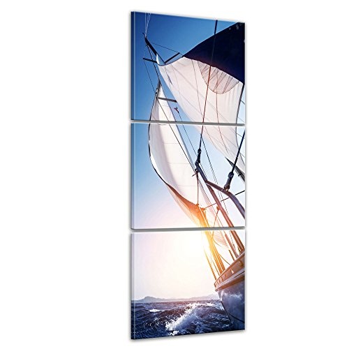 Wandbild - Yacht auf See II - Bild auf Leinwand - 40x120 cm dreiteilig - Leinwandbilder - Urlaub, Sonne & Meer - Boot im Sonnenschein - Relaxen - Entspannen