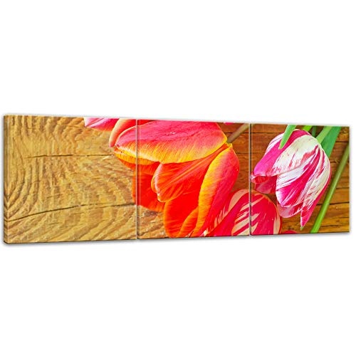 Wandbild - Tulpen - Bild auf Leinwand - 180x60 cm dreiteilig - Leinwandbilder - Pflanzen & Blumen - Blumenstrauß - Blüten - pink - rot