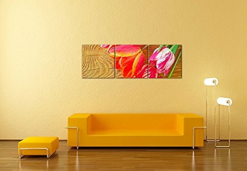 Wandbild - Tulpen - Bild auf Leinwand - 180x60 cm dreiteilig - Leinwandbilder - Pflanzen & Blumen - Blumenstrauß - Blüten - pink - rot