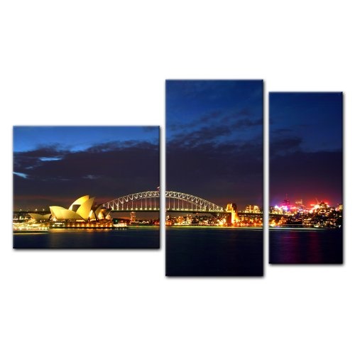 Wandbild - Sydney Opera House und die Harbour Bridge - Bild auf Leinwand - 130x80 cm 3 teilig - Leinwandbilder - Bilder als Leinwanddruck - Städte & Kulturen - Australien - Sydney bei Nacht