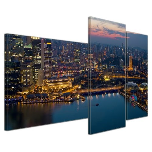 Wandbild - Singapur - Bild auf Leinwand - 130x80 cm 3 teilig - Leinwandbilder - Bilder als Leinwanddruck - Städte & Kulturen - Asien - Skyline Singapurs bei Nacht