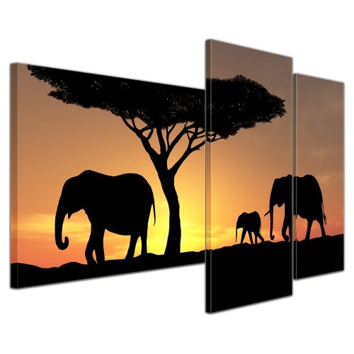 Wandbild - Elefanten im Sonnenuntergang - Bild auf Leinwand - 130x80 cm 3 teilig - Leinwandbilder - Bilder als Leinwanddruck - Tierwelten - Elefantenfamilie am Abend