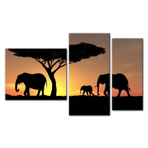 Wandbild - Elefanten im Sonnenuntergang - Bild auf Leinwand - 130x80 cm 3 teilig - Leinwandbilder - Bilder als Leinwanddruck - Tierwelten - Elefantenfamilie am Abend