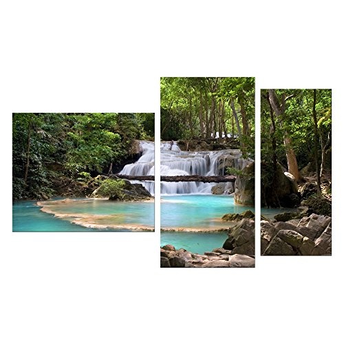 Wandbild - Wasserfall im Wald - Bild auf Leinwand - 130x80 cm 3 teilig - Leinwandbilder - Landschaften - Natur - Kaskade mit Wasserbecken - See