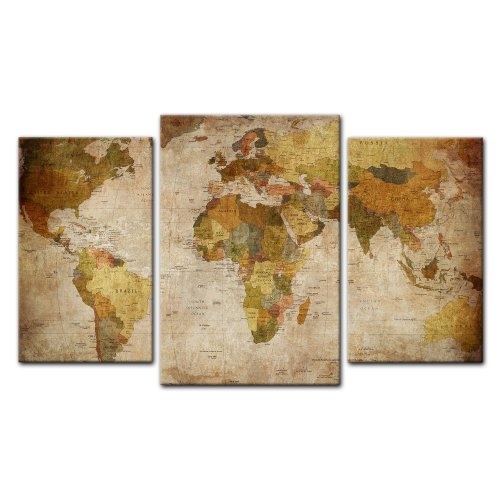 Wandbild - Weltkarte Retro - Bild auf Leinwand - 100x60 cm 3 teilig - Leinwandbilder - Bilder als Leinwanddruck - Urban & Graphic - Landkarte im Vintage-Stil