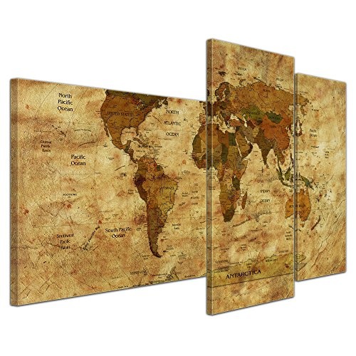Wandbild - Weltkarte Retro II farbig - Bild auf Leinwand - 130x80 cm 3 teilig - Leinwandbilder - Urban & Graphic - Erde - grafische Darstellung - detailliert - einmalig