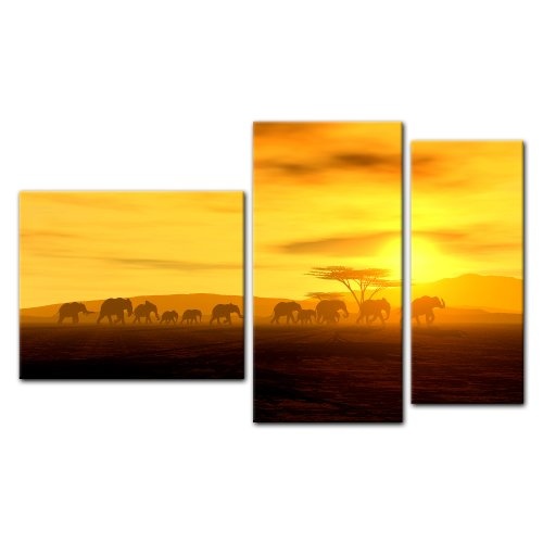 Wandbild - African Spirit - Die Wanderung der Elefanten - Bild auf Leinwand - 130x80 cm 3 teilig - Leinwandbilder - Tierwelten - Natur - Afrika - Elefantenherde vor Einem Sonnenuntergang