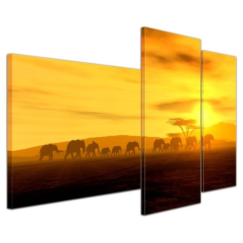 Wandbild - African Spirit - Die Wanderung der Elefanten - Bild auf Leinwand - 130x80 cm 3 teilig - Leinwandbilder - Tierwelten - Natur - Afrika - Elefantenherde vor Einem Sonnenuntergang