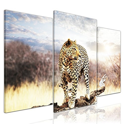 Wandbild - Leopard - Bild auf Leinwand - 100x60 cm 3 teilig - Leinwandbilder - Bilder als Leinwanddruck - Tierwelten - Wildtiere - afrikanische Wildkatze auf der Pirsch