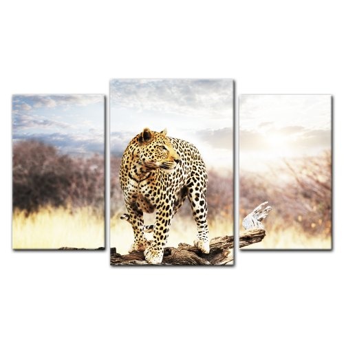 Wandbild - Leopard - Bild auf Leinwand - 100x60 cm 3 teilig - Leinwandbilder - Bilder als Leinwanddruck - Tierwelten - Wildtiere - afrikanische Wildkatze auf der Pirsch