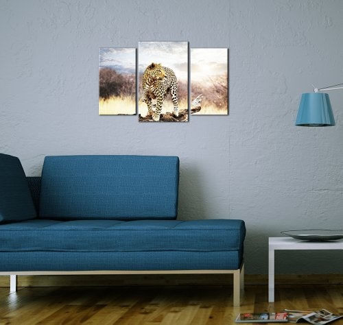 Wandbild - Leopard - Bild auf Leinwand - 100x60 cm 3 teilig - Leinwandbilder - Bilder als Leinwanddruck - Tierwelten - Wildtiere - afrikanische Wildkatze auf der Pirsch