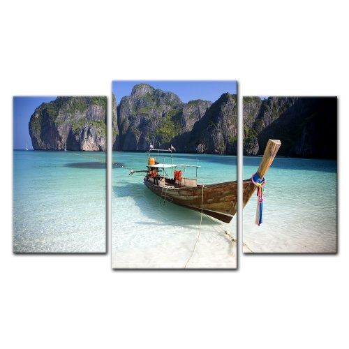 Wandbild - Maya Bay, KOH Phi Phi Ley - Thailand - Bild auf Leinwand - 100x60 cm 3 teilig - Leinwandbilder - Bilder als Leinwanddruck - Urlaub, Sonne & Meer - Asien - Boot am Strand
