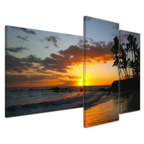 Wandbild - Makena Beach - Hawaii USA - Bild auf Leinwand - 130x80 cm 3 teilig - Leinwandbilder - Bilder als Leinwanddruck - Landschaften - USA - Sonnenuntergang über dem Pazifik