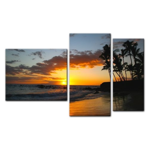 Wandbild - Makena Beach - Hawaii USA - Bild auf Leinwand - 130x80 cm 3 teilig - Leinwandbilder - Bilder als Leinwanddruck - Landschaften - USA - Sonnenuntergang über dem Pazifik