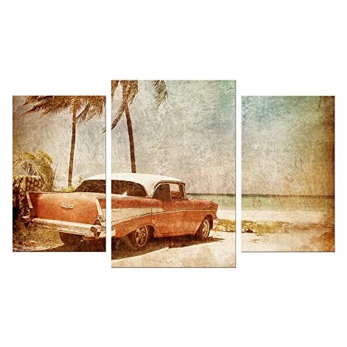 Wandbild - Resort II - Cuba Oldtimer - Bild auf Leinwand - 100x60 cm 3 teilig - Leinwandbilder - Urban & Graphic - Urlaub, Sonne & Meer - Oldtimer unter Palmen - Grunge