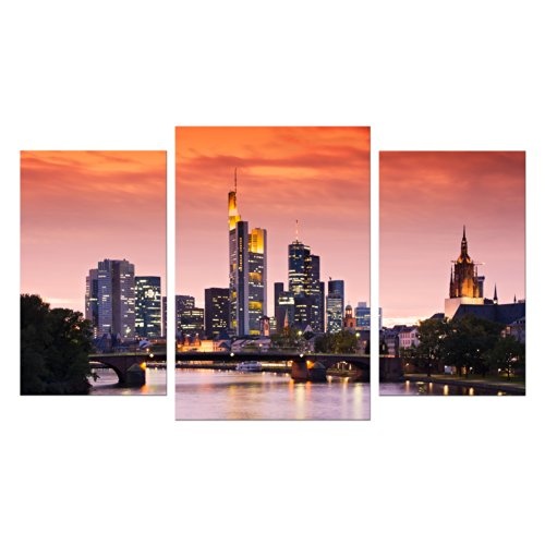 Wandbild - Frankfurt Skyline - Deutschland bei Nacht - Deutschland - Bild auf Leinwand - 100x60 cm 3 teilig - Leinwandbilder - Städte & Kulturen - Hessen - Hochhäuser im Sonnenuntergang - Messe - Börse