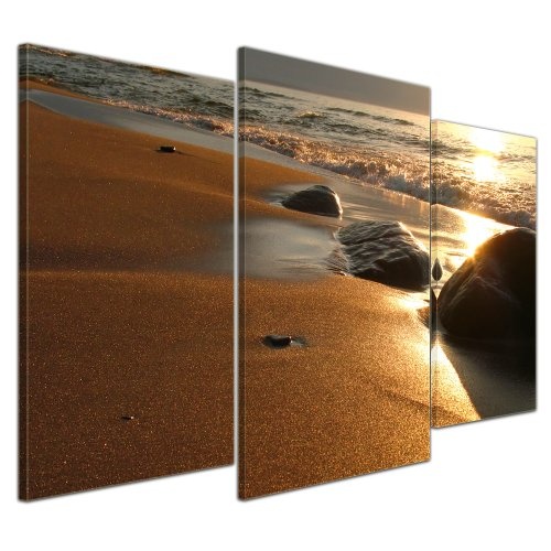 Wandbild - Goldener Strand - Bild auf Leinwand - 100x60 cm 3 teilig - Leinwandbilder - Bilder als Leinwanddruck - Urlaub, Sonne & Meer - Steine an Einem Strand