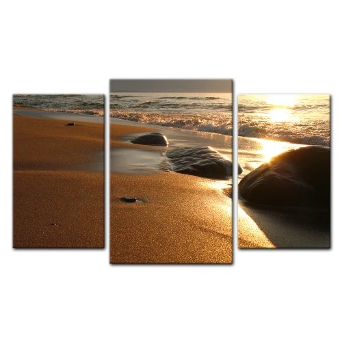 Wandbild - Goldener Strand - Bild auf Leinwand - 100x60 cm 3 teilig - Leinwandbilder - Bilder als Leinwanddruck - Urlaub, Sonne & Meer - Steine an Einem Strand