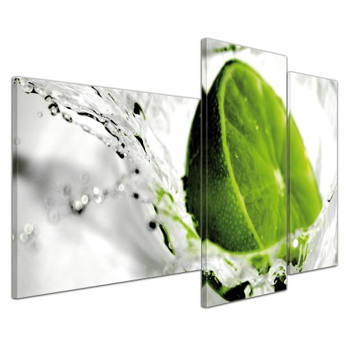 Wandbild - Limette - Bild auf Leinwand - 130x80 cm 3 teilig - Leinwandbilder - Bilder als Leinwanddruck - Essen & Trinken - Obst - Limette mit Wasserspritzern