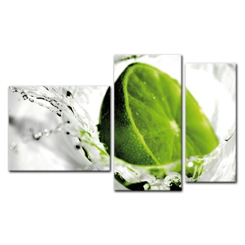 Wandbild - Limette - Bild auf Leinwand - 130x80 cm 3 teilig - Leinwandbilder - Bilder als Leinwanddruck - Essen & Trinken - Obst - Limette mit Wasserspritzern