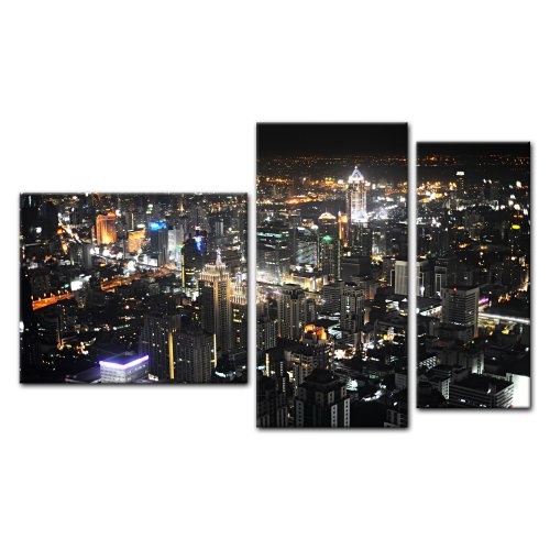 Wandbild - Bangkok at Night - Bild auf Leinwand - 130x80 cm 3 teilig - Leinwandbilder - Bilder als Leinwanddruck - Städte & Kulturen - Asien - Skyline von Bangkok