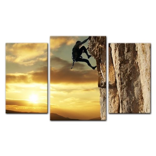 Wandbild - Bergsteiger im Sonnenuntergang - Bild auf Leinwand - 100x60 cm 3 teilig - Leinwandbilder - Bilder als Leinwanddruck - Landschaften - Sport - Klettern im Gebirge