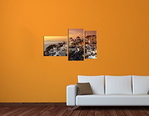 Wandbild - Santorini im Abendrot - Bild auf Leinwand - 130x80 cm 3 teilig - Leinwandbilder - Städte & Kulturen - Urlaub, Sonne & Meer - Griechenland - Thira - Oia - malerisch